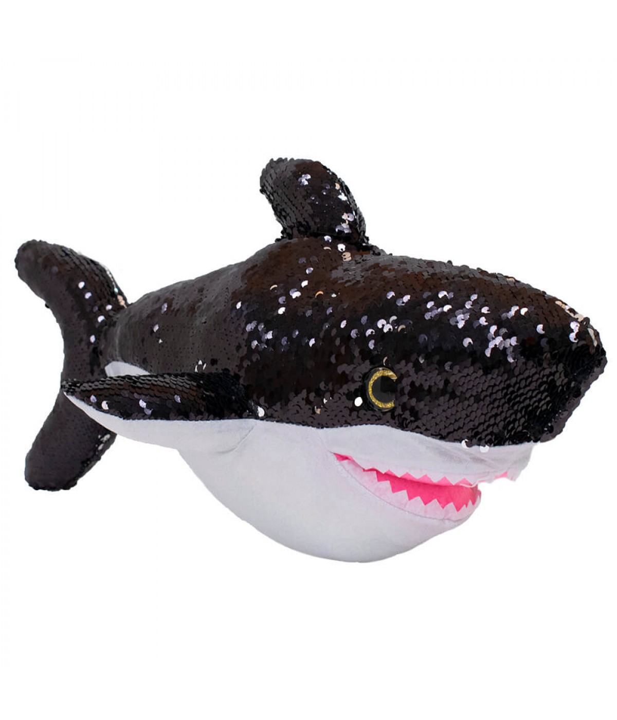 Tubarão Lantejoulas Preto Prateado 47cm - Pelúcia