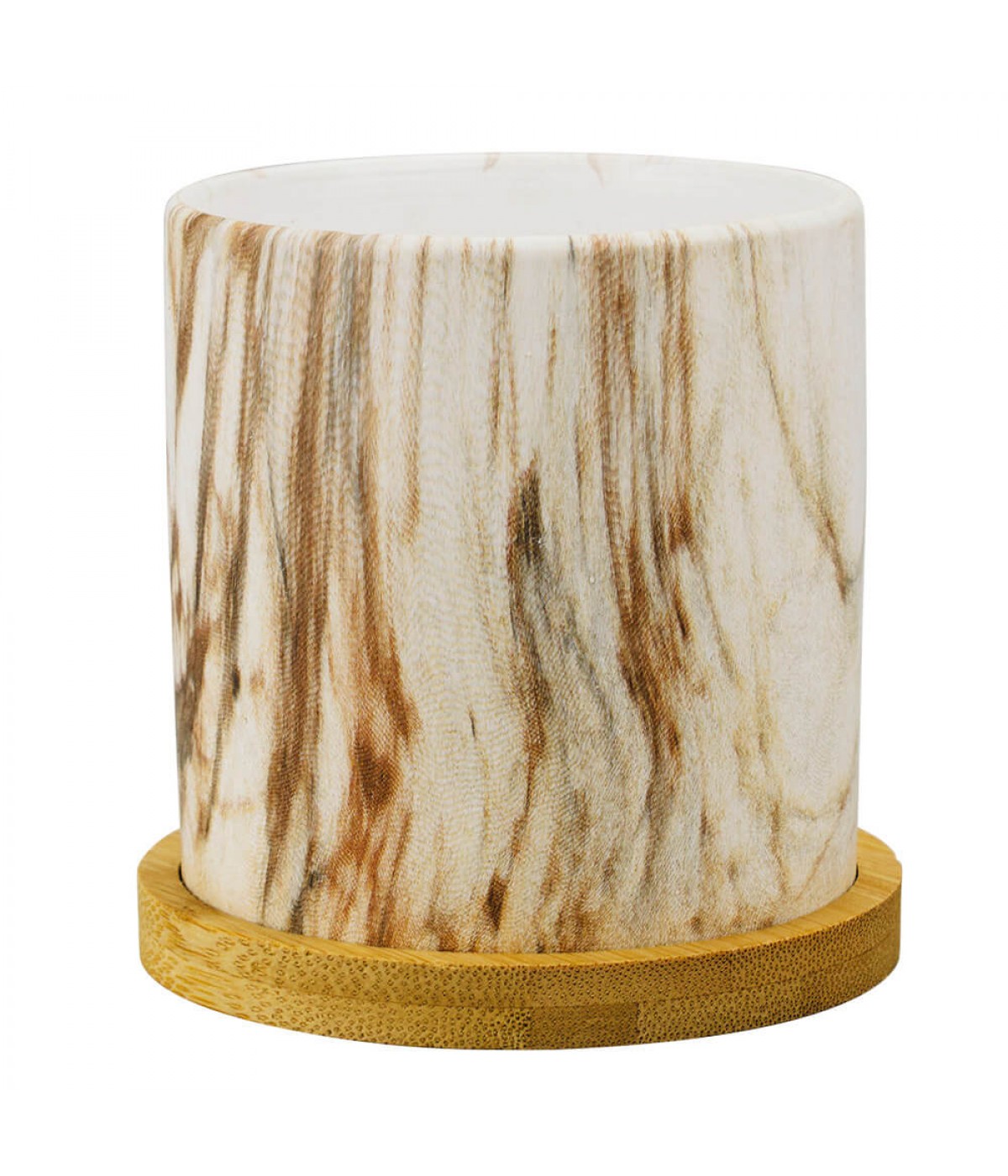 Vaso Porcelana Detalhes Marrom Estilo Mármore Base Bambu 9.5x9x9cm
