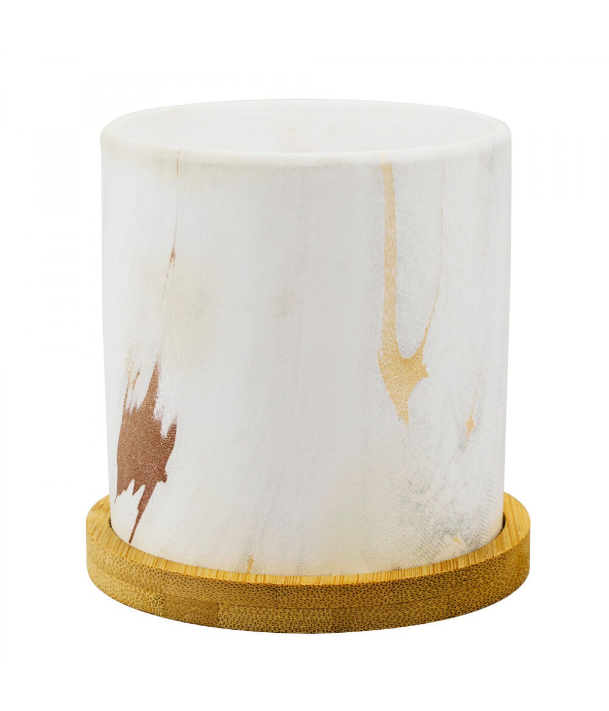 Vaso Porcelana Manchas Estilo Mármore Base Bambu 9.5x9x9cm