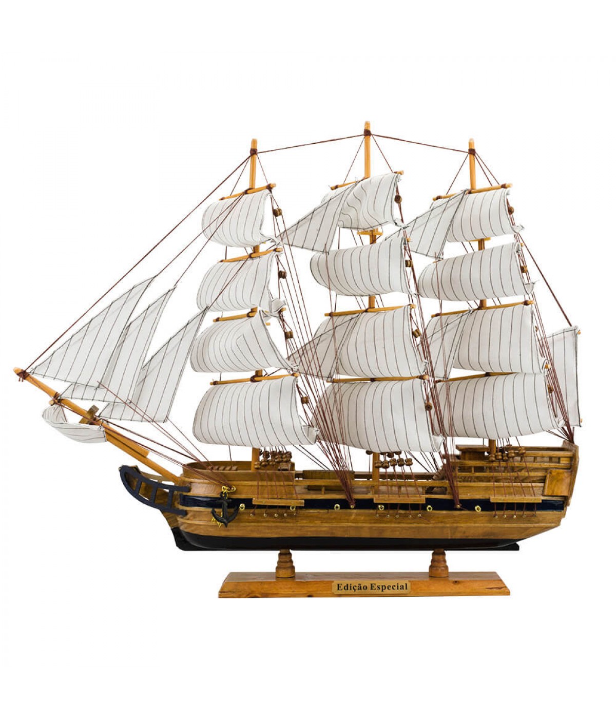 Miniatura Barco Navio Veleiro Madeira Base Preto Canhão 47x10x57cm