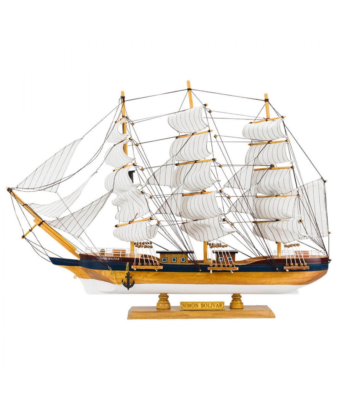 Miniatura Barco Navio Veleiro Madeira Base Branca Janelas Simon Bolivar 48x10x67cm