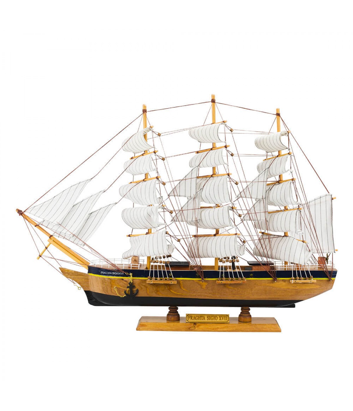 Miniatura Barco Navio Veleiro Madeira Casco Azul Base Marrom Cutty Sark-1869 48x10x67cm