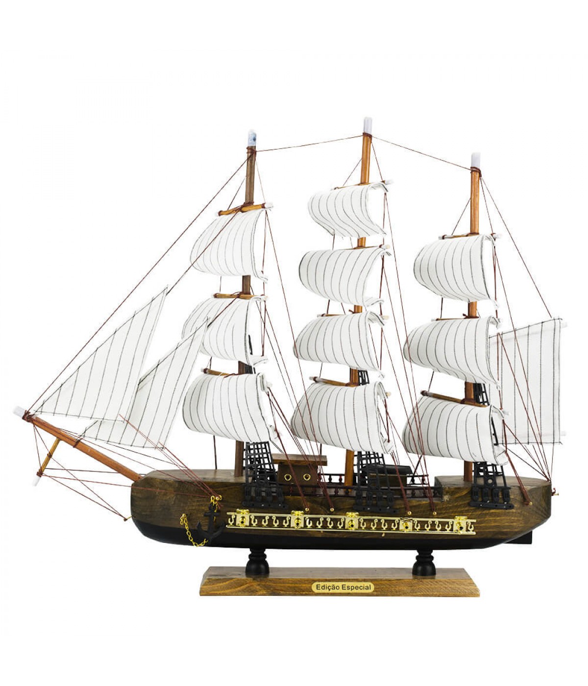 Miniatura Barco Navio Veleiro Madeira Canhões 42.5x9x49cm