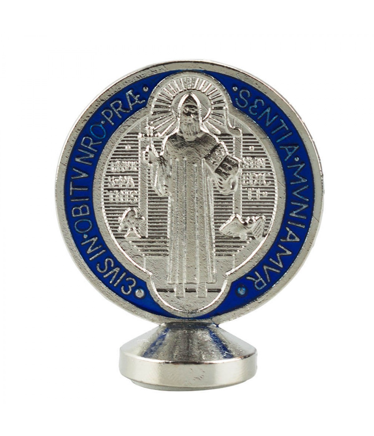 Medalhão São Bento Prateado Azul Metal Uso Carro 5.5cm