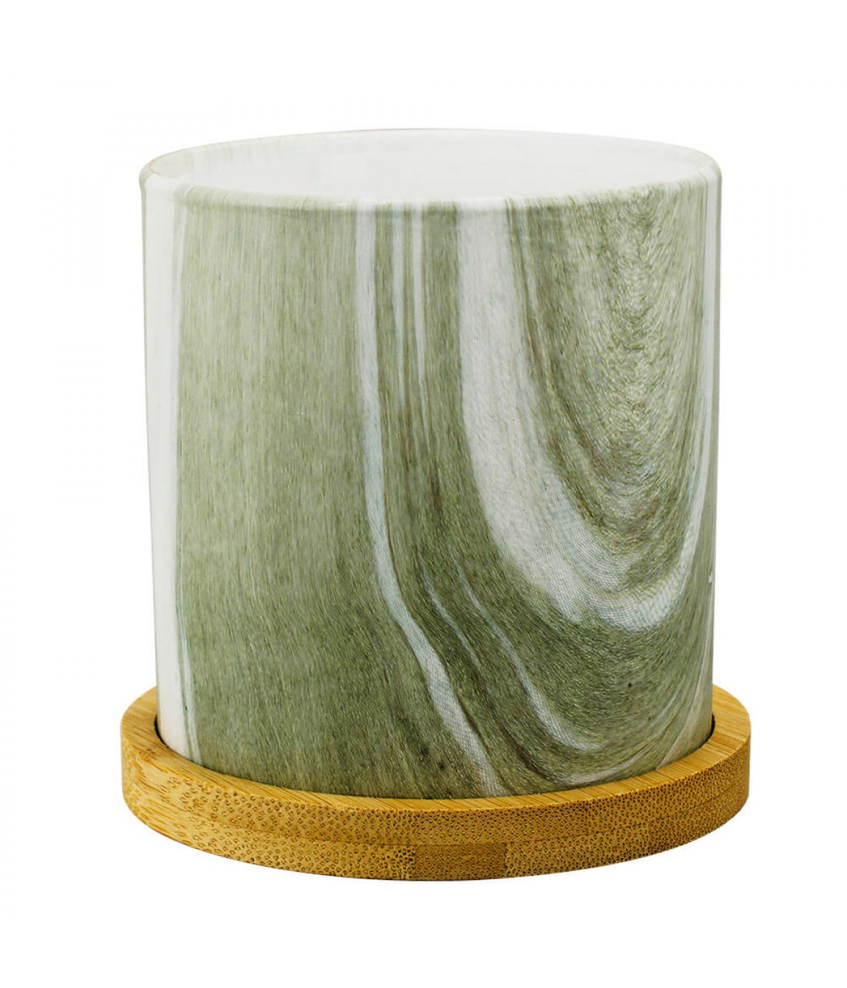 Vaso Porcelana Verde Estilo Mármore Base Bambu 9.5x9x9cm