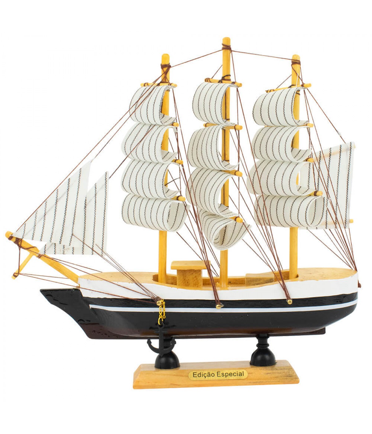 Miniatura Barco Navio Veleiro Madeira Casco Preto 21x4x21cm