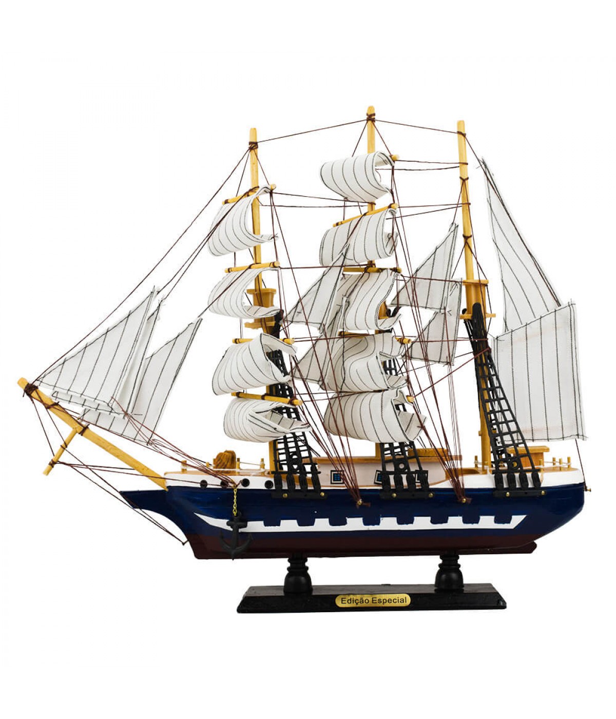 Miniatura Barco Navio Veleiro Madeira Casco Azul Base Marrom Janelas 37.5x7x44cm