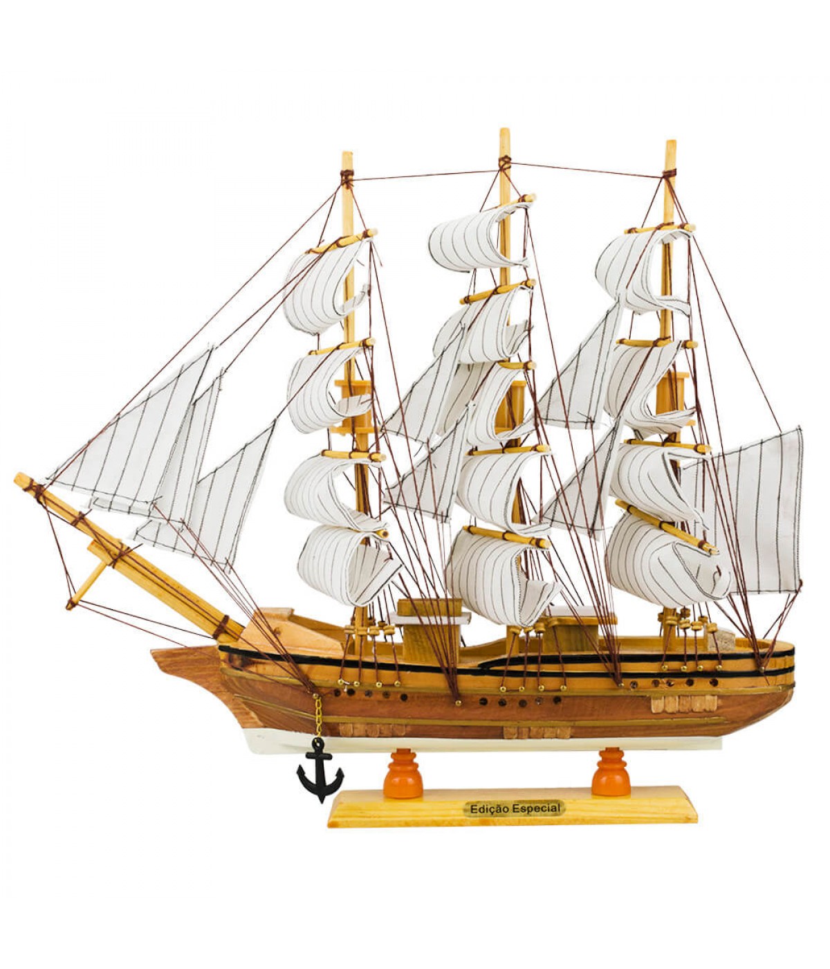 Miniatura Barco Navio Veleiro Madeira Casco Marrom Base Branca 37.5x7x44cm