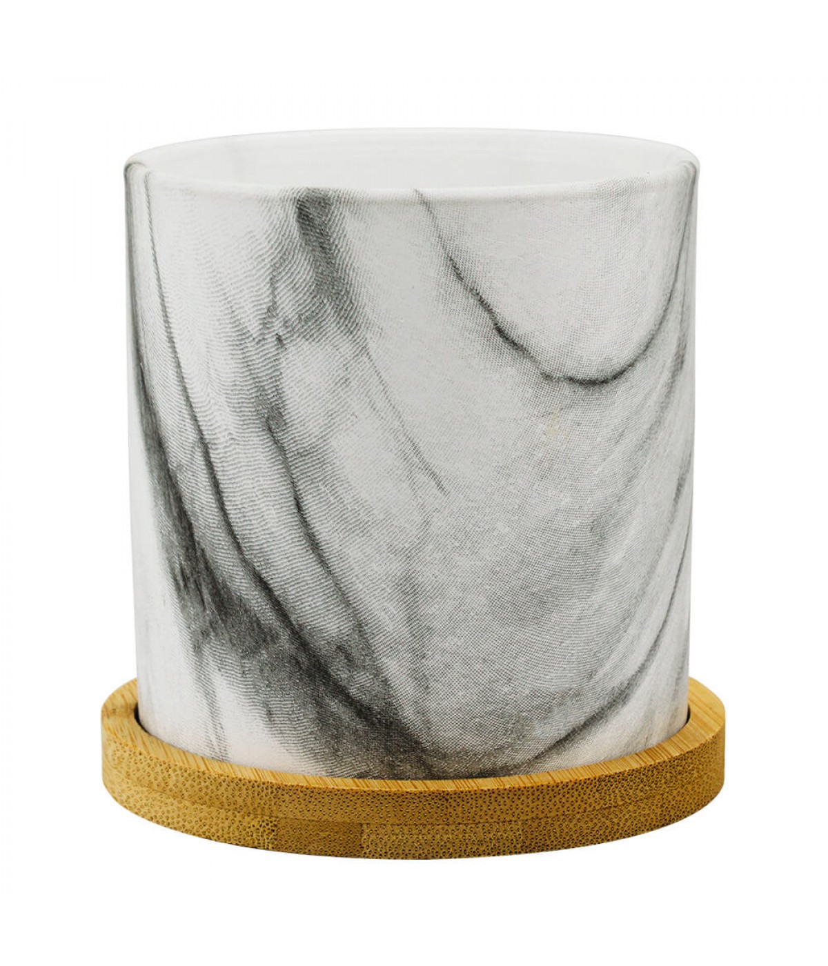 Vaso Porcelana Detalhes Preto Estilo Mármore Base Bambu 9.5x9x9cm