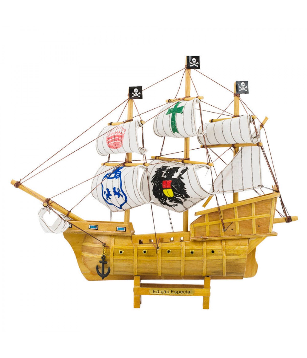 Miniatura Barco Navio Veleiro Madeira Escudos Vela Canhão Pirata 28.5x7x33cm