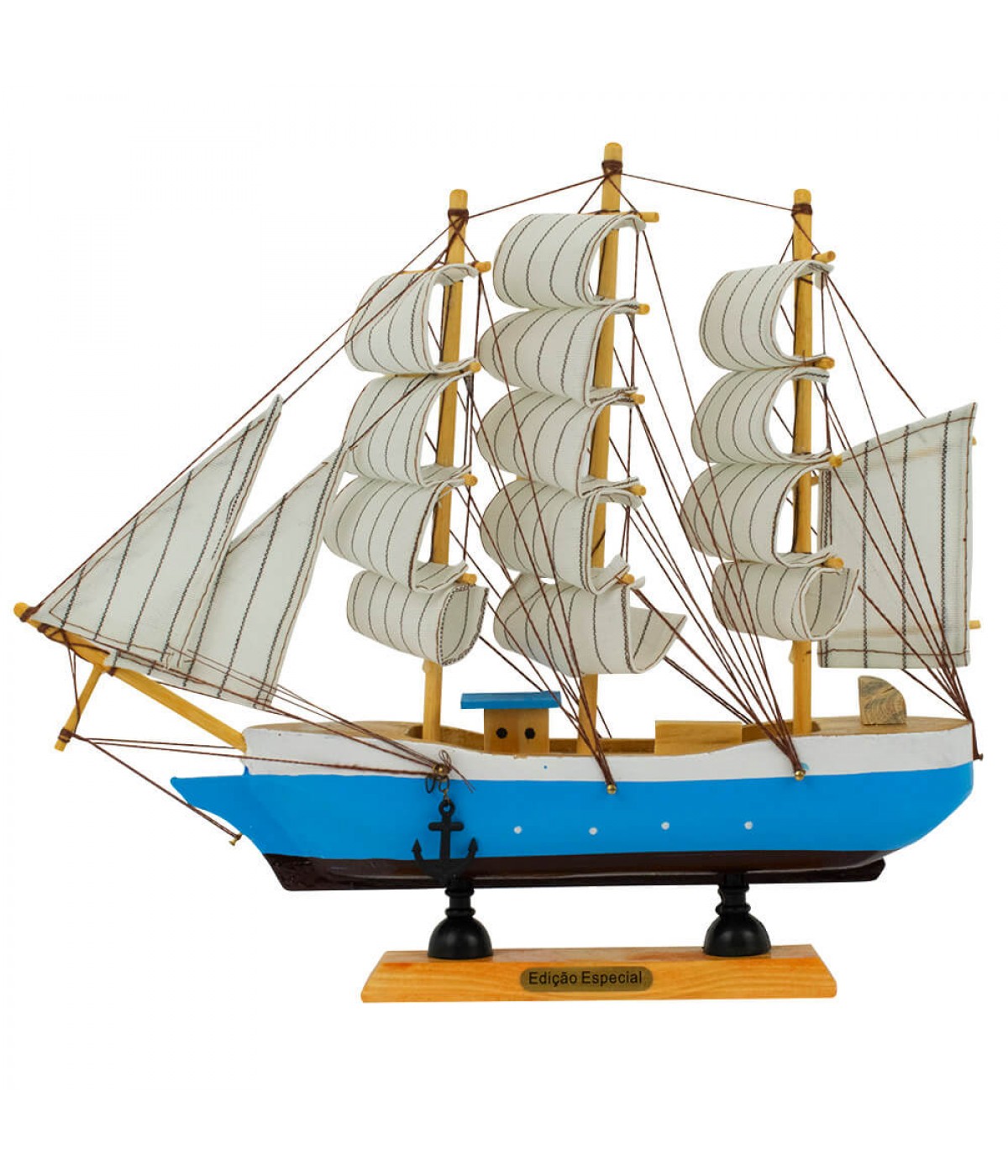 Miniatura Barco Navio Veleiro Madeira Casco Azul 26x5x29cm