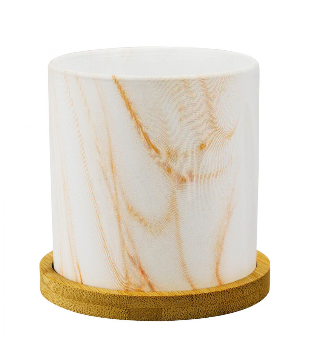 Vaso Porcelana Detalhes Laranja Estilo Mármore Base Bambu 9.5x9x9cm