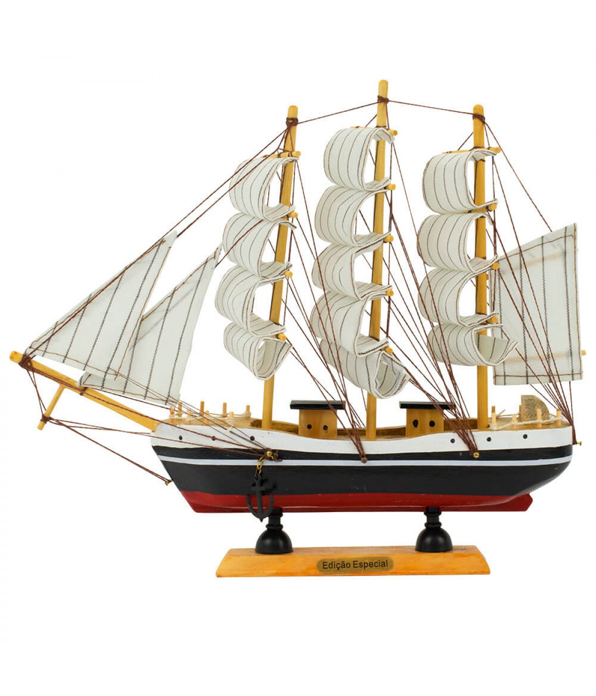 Miniatura Barco Navio Veleiro Madeira Base Vermelho 25.5x5x30cm
