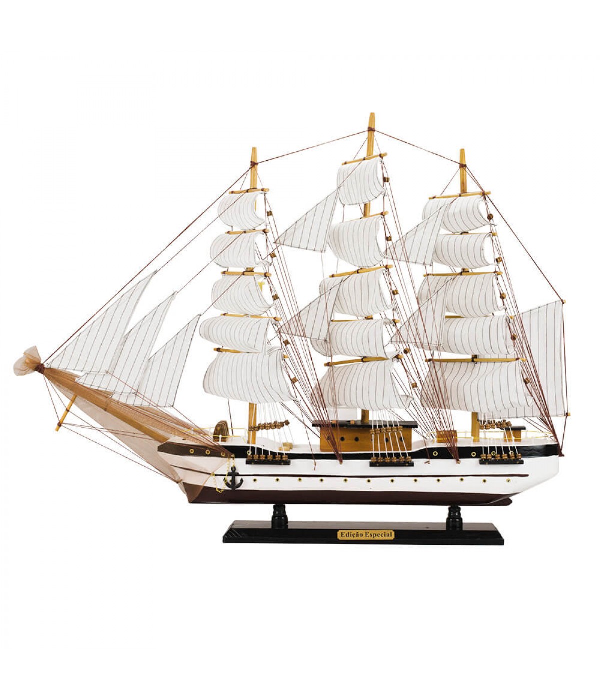Miniatura Barco Navio Veleiro Madeira Casco Branco Base Marrom Redes 61x11x78cm