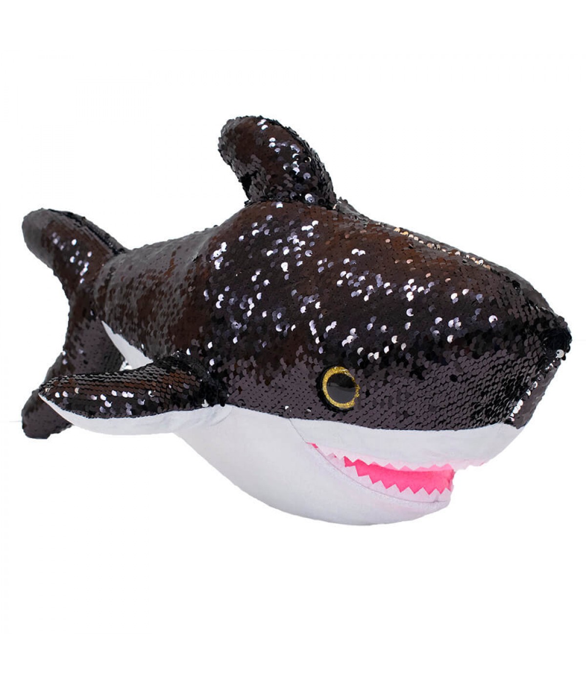 Tubarão Lantejoulas Preto Prateado 56cm - Pelúcia