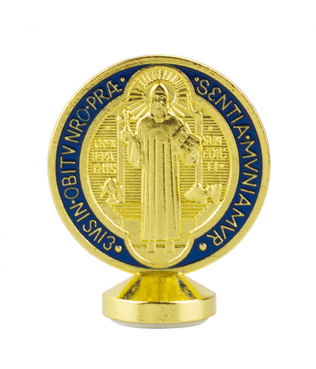 Medalhão São Bento Dourado Azul Metal Uso Carro 5.5cm